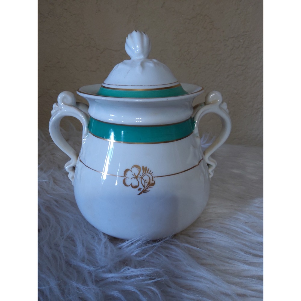 Vintage Porcelain Sugar Bowl Teal Gold Gilt Floral Lidded Jar Vintage